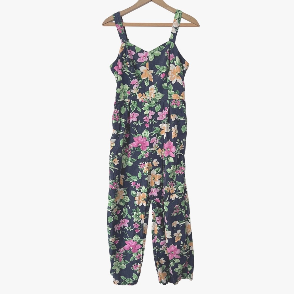 Floral Jumpsuit Women S/M Linen Blend Blue Smocked Pockets Ankle Cottage Whimsy